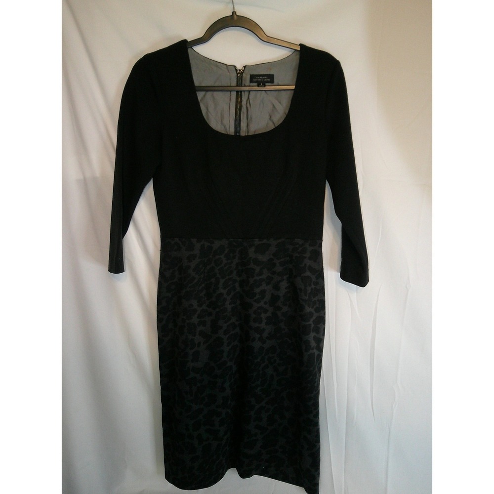 Tahari Arthur Levine Black Leopard Print Sheath Dress Knee Length 3/4 Sleeve 6